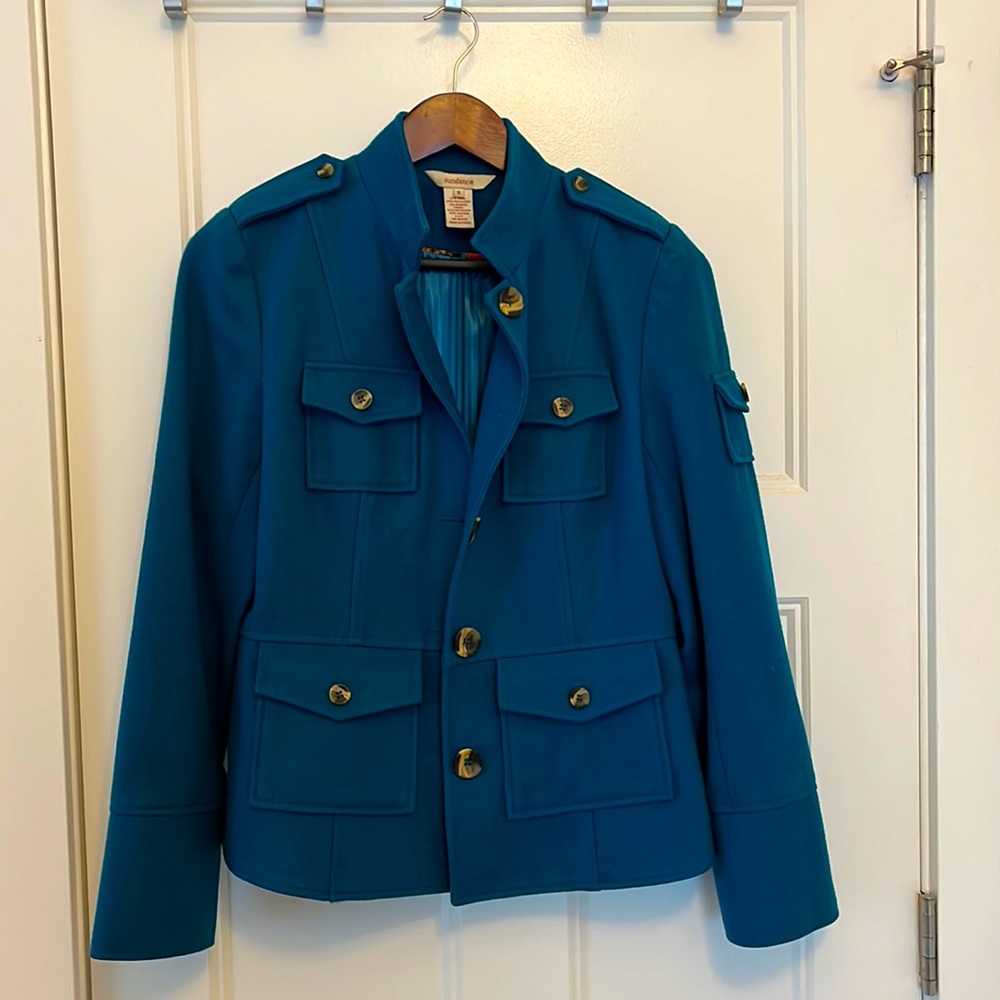 Teal Wool-Blend Button-Up Fall/Winter Fitted Coat w/Epaulettes from Sundance